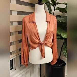 Fox Satin Tie-Front Blouse